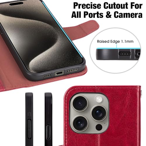 Arae Compatible with iPhone 15 Pro Case with Card Holder and Wrist Strap Wallet Flip Cover for iPhone 15 Pro 6.1 inch,Wine Red - color: Wine Red, size: iPhone 15 Pro 6.1 inch