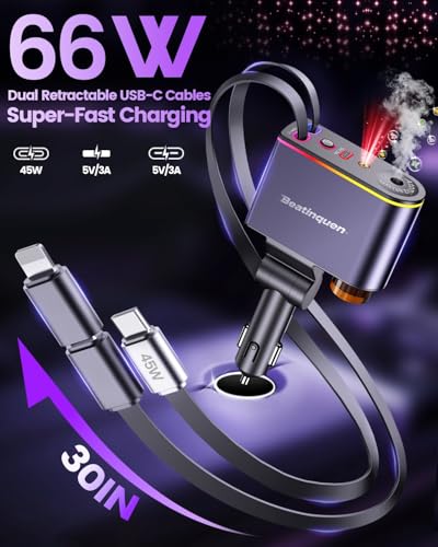 5 in 1 Retractable Car Charger USB C, Car Phone Charger for Dual Cables