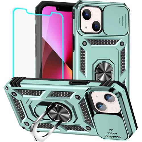 HNHYGETE for iPhone 13 Case with HD Screen Protector: [Military Grade 20ft. Drop Tested] Slide Camera Cover Ring Shockproof Protective Phone Case for - iPhone 13 (Dark Green) - color: Dark Green, size: iPhone 13