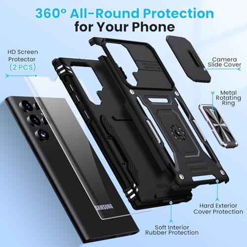 for Samsung Galaxy S22 Ultra Case with 2 PCS HD Screen Protector, Military Grade Drop Protection Metal 360 ° Rotating Ring Kickstand Slide Camera Cover, Shockproof for Galaxy S22 Ultra Case, Black | 2 PCS HD Screen Protector, Magnetic Metal 360 ° Rotating