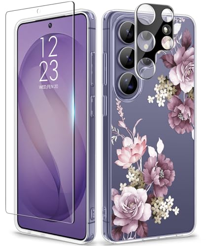 GVIEWIN for Samsung Galaxy S26 Ultra Case, Clear Floral Slim Shockproof Protective Women Phone Case, Non-Yellowing, with Screen Protector & Camera Lens Protector for S26 Ultra 6.9", Cherry Blossoms - color: Cherry Blossoms/Purple, size: For Galaxy S26 Ult