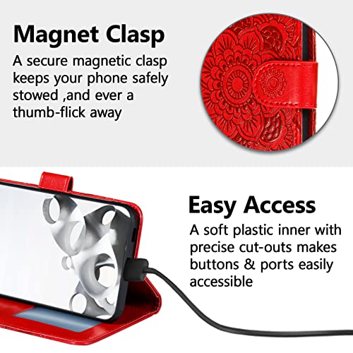 EYZUTAK Case for iPhone 13 Pro, Premium PU Leather Magnetic Flip Wallet Case with Card Holder Cash Slot Lanyard Strap Kickstand Function Embossed Mandala Flower Pattern Shockproof Cover - Red - color: Red, size: iPhone 13 Pro