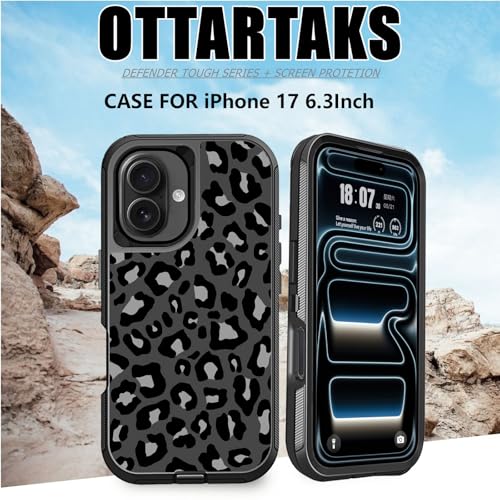for iPhone 17 Case with Screen Protector Cute Black and Grey Leopard Print Design, Full Body Rugged Heavy Duty Shockproof Cheetah Phone Case for iPhone 17, 6.3inch - color: Black White