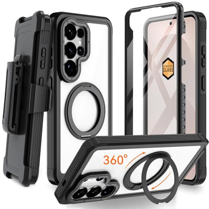 Magnetic for Samsung Galaxy S26 Ultra Case, Compatible with MagSafe, Full Body Rugged Case with Built-in Screen Protector & Kickstand & Belt-Clip (Black) - color: Black