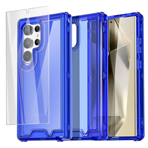 AICase for Samsung Galaxy S24 Ultra Case Clear,Heavy Duty Durable 3-Layer Crystal Transparent [Not Yellowing][Military Grade Drop Protection] Shockproof/DropProof Protective for S24 Ultra 6.8" 5G_5 - color: Navy Blue with Glass Protector_3 in 1, size: Gal