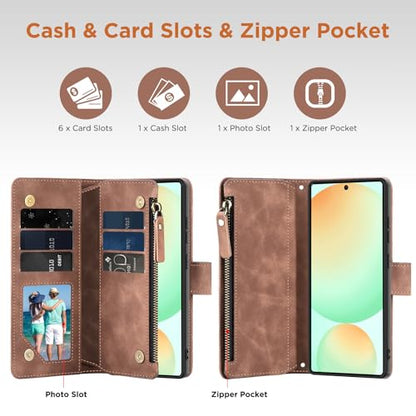 for Samsung Galaxy S24-FE-Wallet Case: with RFID Blocking Card Slots (6 Cards) | Soft PU Leather Magnetic Snap Zipper Pocket | Crossbody Wrist Strap Protective Phone Cover - Brown - color: A Brown, size: Galaxy S24 FE（6.7‘’）