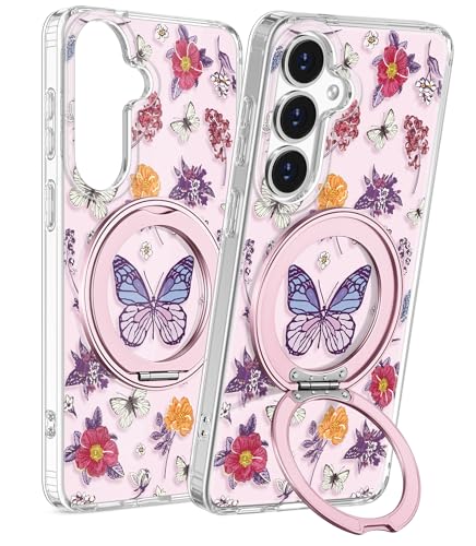 for Samsung Galaxy S25 Plus Case with Stand - Cute Soft TPU Clear Phone Cover for Women Girls Compatible with Magsafe Girly Unique Design with Magnetic Ring for S25 Plus, Purple Butterfly - color: Purple Butterfly, size: for Samsung Galaxy S25 Plus