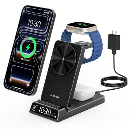3 in 1 Charging Station for Apple, Travel Wireless Charger with Clock - color: Carbon Fiber