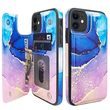 HAOPINSH for iPhone 11 Wallet Case with Card Holder, Blue Purple Marble Pattern Back Flip Folio PU Leather Kickstand Card Slots Case for Women Girls, Double Magnetic Clasp Shockproof Cover 6.1" - color: Blue Purple Marble