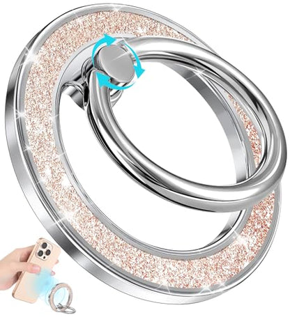 Phone Ring Holder Compatible with MagSafe - Magnetic Cell Phone Grip for Women Cute Magnet Removable Finger Ring Grip Stand Glitter Shine for iPhone 17 16 15 14 13 Pro Max Plus, Golden Rose - color: Gold