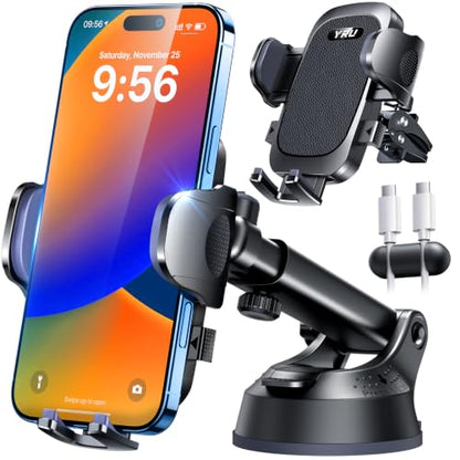 YRU【True Military-Grade Safety & Patent Certs】360°Rotation Car Phone Holder【100+LBS Strong Suction & Clip】Windshield Dash Vent Cell Phone Mount Cradle for iPhone17 16 Pro Max Truck Samsung, Dark Black - color: Dark Black