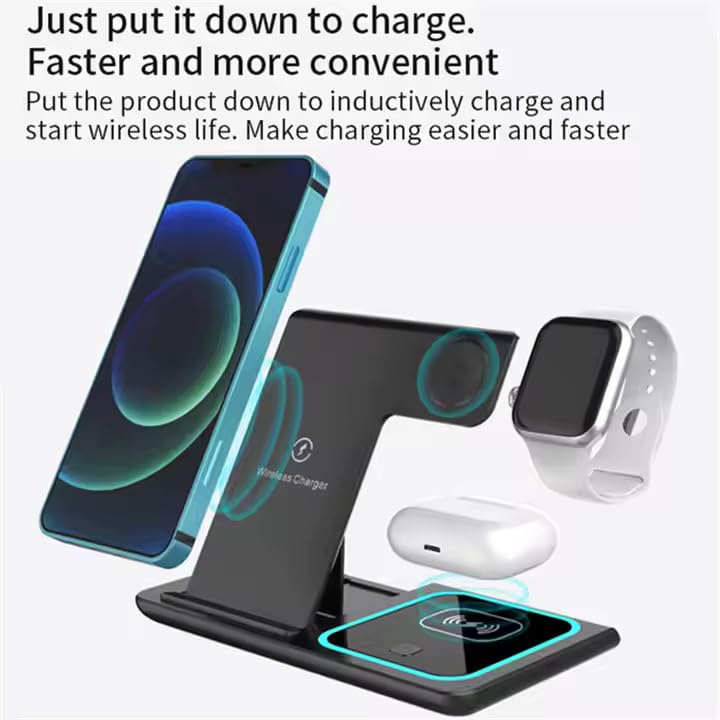 Foldable 3 in 1 Fast Charging Station for Apple Products, iPhone 17 16 15 14 13 12 Pro Max, Travel Dock Adapter & Light for i-Watch Series 11 10 9 Ultra 3/2 SE 3/2,for AirPods 4 3 2 Pro 3/2 (Black) - color: BLACK