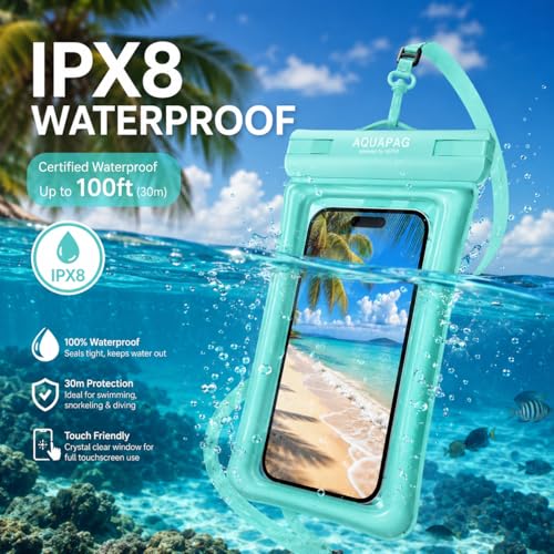 IP68 Waterproof Phone Pouch 2 Pack-Up to 8.0"，Adjustable Neck Lanyard Floating Waterproof Phone Case for iPhone,Phone Dry Bags for Vacation Beach Pool Travel Essentials Green