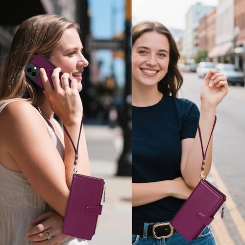 Magnetic Case for iPhone 17 Wallet Compatible with Magsafe RFID Blocking Card Holder Detachable Phone Cover Kickstand Snap Strap Zipper Pocket PU Leather 6.3 inch (Burgundy) - color: Burgundy, size: iPhone 17
