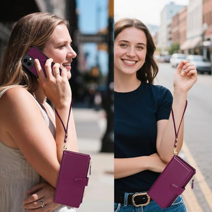 Magnetic Case for iPhone 17 Wallet Compatible with Magsafe RFID Blocking Card Holder Detachable Phone Cover Kickstand Snap Strap Zipper Pocket PU Leather 6.3 inch (Burgundy) - color: Burgundy, size: iPhone 17