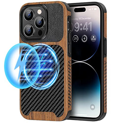 TENDLIN Magnetic Case Compatible with iPhone 14 Pro Case Wood Grain with Carbon Fiber Texture Design Leather Hybrid Slim Cover (Compatible with MagSafe) - color: Magnetic Black, size: iPhone 14 Pro