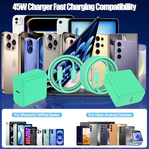 45W USB C Fast Charger for iPhone 17/ Air/16/15 Pro Max - color: Green, size: 2Pack-10FT-iPhone15-17
