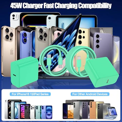 45W USB C Fast Charger for iPhone 17/ Air/16/15 Pro Max - color: Green, size: 2Pack-10FT-iPhone15-17