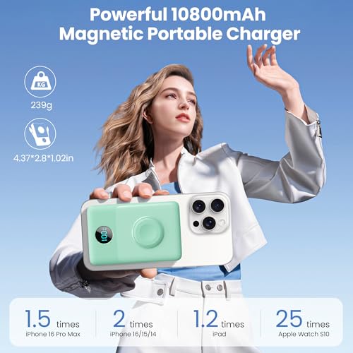 Ekrist Magnetic Portable Charger 10800mAh for MagSafe with Built-in Cable,iWatch Charger,Wireless Power Bank Travel Essentials,25W Fast Charging Battery Pack for iPhone 18/17/16/15,Apple Watch(Green) - color: Green