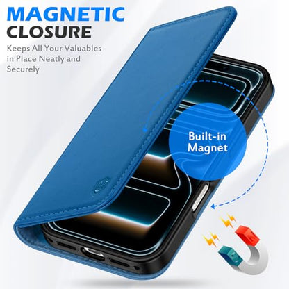 SHIELDON Genuine Leather Wallet Case for iPhone 17 Pro 6.3", Sapphire Blue | Magnetic Closure, RFID Blocking, Credit Card Holder, Kickstand, Folio Design, Shockproof Phone Cover for Men Women - color: Sapphire Blue
