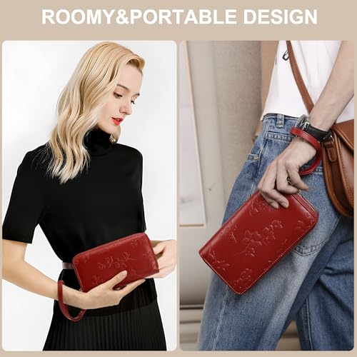 yiijay Womens Wallet RFID Blocking Large Capacity Vegan Leather Double Zip Wristlet Wallet Card Holder Travel Ladies Clutch - color: Red