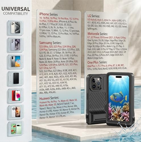 Diving Phone Case for iPhone 17 16 15 14 13 Pro Max Galaxy S25 S24 S23 Ultra, 50ft/15m Professional Waterproof Underwater Case with Real Touchscreen, Universal Camera Housing for Snorkeling (Black) - color: Black