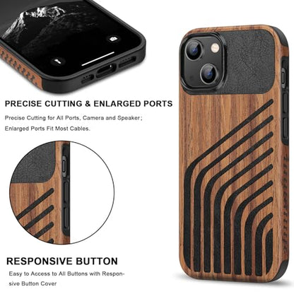 TENDLIN Magnetic Case Compatible with iPhone 14 Plus Case Wood Grain with Carbon Fiber Texture Design Leather Hybrid Slim Cover (Compatible with MagSafe) Hairline - color: Magnetic Hairline, size: iPhone 14 Plus