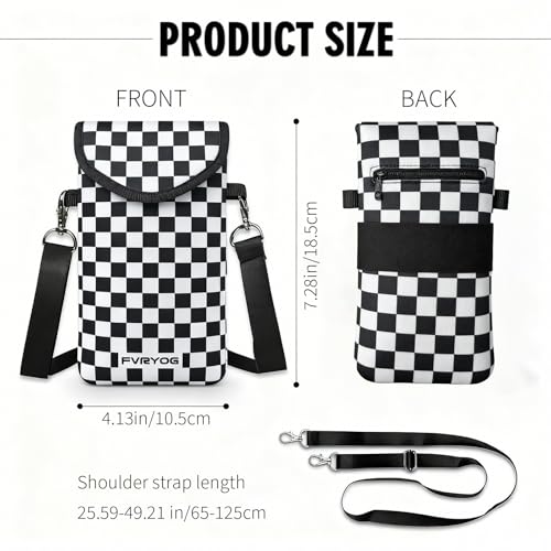 Neoprene Phone Sleeve Pouch Case Bag for Men Women w/Crossbody Strap/Neck Lanyard for iPhone 17/16/15/14 Pro Max, Samsung S25，Pixel 10 - color: Black & White Checkered