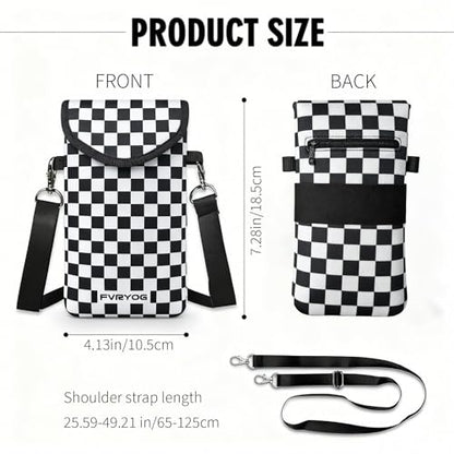Neoprene Phone Sleeve Pouch Case Bag for Men Women w/Crossbody Strap/Neck Lanyard for iPhone 17/16/15/14 Pro Max, Samsung S25，Pixel 10 - color: Black & White Checkered