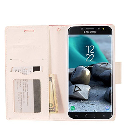 For Samsung Galaxy J7 (2018), J7 Refine, J7 Star, J7V 2nd Gen. SM-J737 - Denim Fabric Flip Wallet Case + Tempered Glass Screen Protector - White/Pink - color: CT5 White/Hot Pink