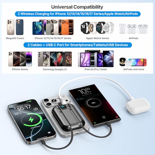 for MagSafe Portable Charger, 10000mAh Power Bank with Built-in 2 Cables - color: Black1