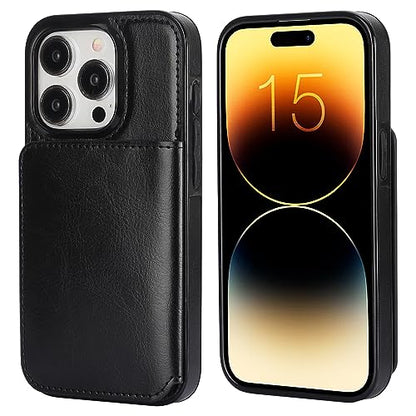 KIHUWEY Compatible with iPhone 15 Pro Wallet Case Credit Card Holder, Premium Leather Kickstand Flip Hidden Magnetic Clasp Durable Shockproof Protective Cover for iPhone 15 Pro 6.1 inch (Black) - color: Black