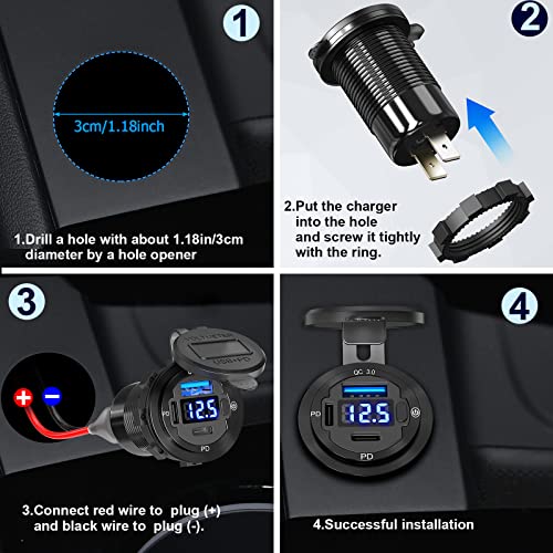 USB C Car Charger Socket 12V USB Outlet 2 Pack: Aluminum Metal 78W Dual PD 30W and 18W QC3.0 Port Multi Charger Outlet with LED Voltmeter Power Switch for RV Motorcycle Boat Marine