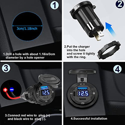 USB C Car Charger Socket 12V USB Outlet 2 Pack: Aluminum Metal 78W Dual PD 30W and 18W QC3.0 Port Multi Charger Outlet with LED Voltmeter Power Switch for RV Motorcycle Boat Marine