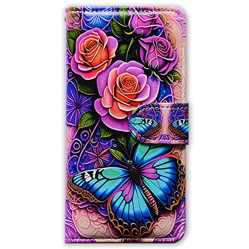 Bcov Case for Samsung Galaxy A54 5G,Blue Butterfly Flowers Rose Leather Flip Phone Case Wallet Cover with Card Slot Holder Kickstand for Samsung Galaxy A54 5G - color: Blue Butterfly Flowers Rose