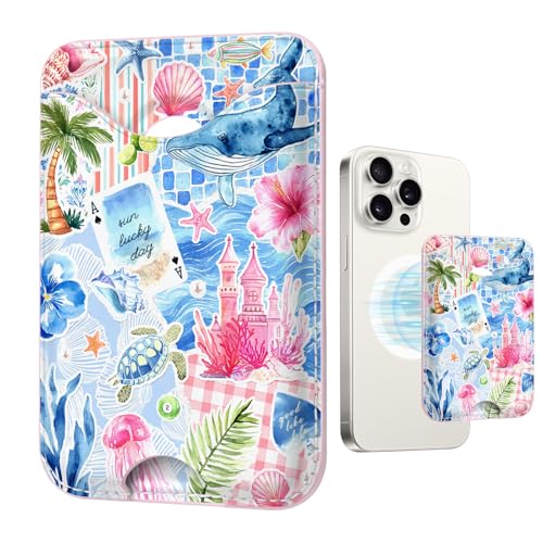 Tropical Magnetic Wallet Compatible with Magsafe Wallets for iPhone 17/16/15/14/13/12 Series Pro Max Plus Cute Phone Sea Animals Magnet Fit 3 Cards for Women Lether Mag Safe Ocean Picnic - color: Z-Ocean Picnic
