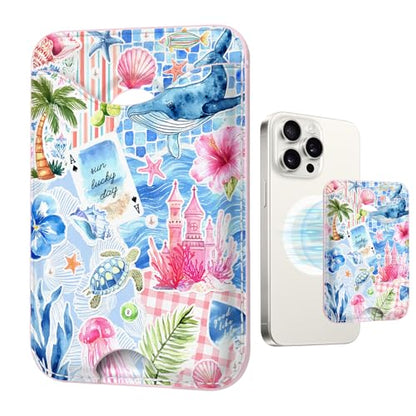Tropical Magnetic Wallet Compatible with Magsafe Wallets for iPhone 17/16/15/14/13/12 Series Pro Max Plus Cute Phone Sea Animals Magnet Fit 3 Cards for Women Lether Mag Safe Ocean Picnic - color: Z-Ocean Picnic