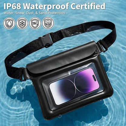Waterproof Bag Set IPX8 2 Pcs: Black 9.8" Clear Fanny Pack & 7" Waterproof Phone Pouch, Floating Phone Case, Water Proof Dry Bag with Adjustable Strap for Beach Swim Kayak Boat Cruise Essentials - color: Black fanny pack + Phone pouch 7"