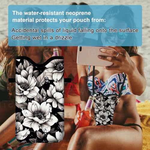 Neoprene Cell Phone Sleeve Pouch Case Bag with Crossbody Strap Neck Lanyard for Women 7.1 X 3.9 in Flower - color: Flower Black