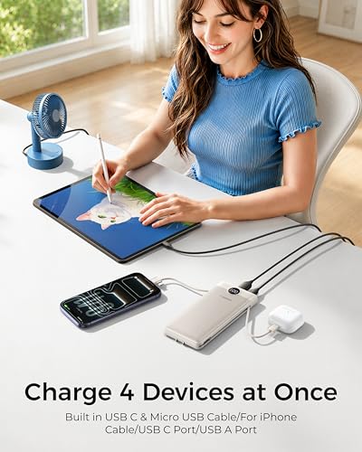 VEGER Portable Charger for iPhone, Power Bank Built in Cables and Wall Plug - color: Coffee