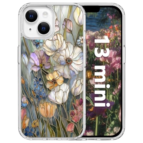 for iPhone 13 Mini 5.4" Magnetic Case[Compatible with MagSafe] Aesthetic Vintage Stained Glass Bloom Flower Design, Slim Fit Hard PC Back Shockproof Cute Clear Phone Cover, Vintage - color: Vintage Glass Flowers, size: iPhone 13 Mini