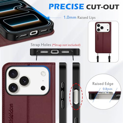 SHIELDON Genuine Leather Flip Wallet Case for iPhone 17 Pro 6.3", Wine Red | RFID Blocking, Credit Card Holder, Magnetic Closure, Kickstand, Folio Design, Soft Shock-Absorbent Phone Cover - color: Wine Red