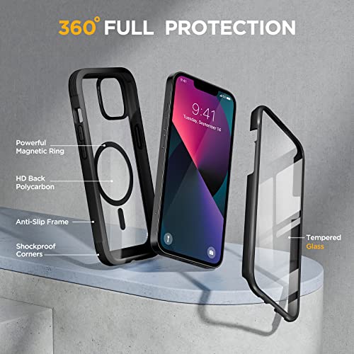 miracase for iPhone 13 Case 6.1'',Full-Body Magnetic Clear Bumper Case with Built-in 9H Tempered Glass Screen Protector,Military Drop Protection Outdoor Phone Case,Black | Full-Body Protection,Magnetic with MagSafe,Military-Grade Drop Protection Outdoor C