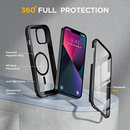 miracase for iPhone 13 Case 6.1'',Full-Body Magnetic Clear Bumper Case with Built-in 9H Tempered Glass Screen Protector,Military Drop Protection Outdoor Phone Case,Black | Full-Body Protection,Magnetic with MagSafe,Military-Grade Drop Protection Outdoor C