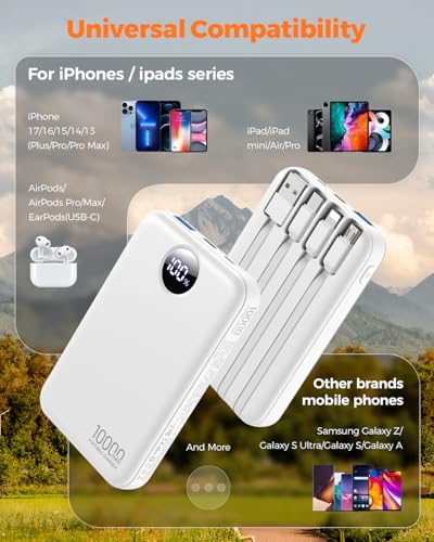 Portable Charger 10000mAh with 4 Built-in Cables 40% Smaller - color: Ivory