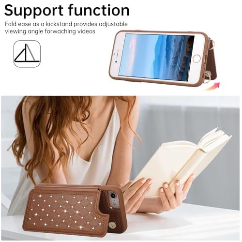 for iPhone 7/8/SE 2022/SE 2020 Wallet Case with Card Holder Slots and Strap, RFID Blocking Magnetic Flip Folio Cover, Crossbody Purse Protection Case with Kickstand,Brown Diamond - color: Brown Diamond, size: iPhone 7/8/SE 2022/SE 2020(6.6")