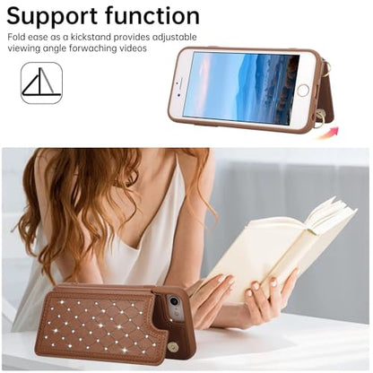 for iPhone 7/8/SE 2022/SE 2020 Wallet Case with Card Holder Slots and Strap, RFID Blocking Magnetic Flip Folio Cover, Crossbody Purse Protection Case with Kickstand,Brown Diamond - color: Brown Diamond, size: iPhone 7/8/SE 2022/SE 2020(6.6")