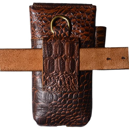 Leather Phone Holster Pouch for iPhone 16, 16 Pro,15 Pro 14, 14 Pro, 13 Pro, 13, 12 Pro, 12, Xs, X,11,Cell Phone Case with Belt Clip [Magnetic Closure] ID Card Holder Pouch(Fits Otterbox Case) - color: Croco Brown