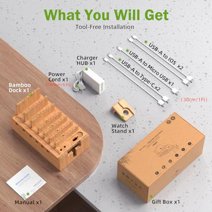 Pezin & Hulin Bamboo Charging Station with 5-Port USB & 5 Cables