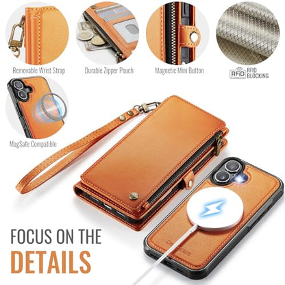 Defencase for iPhone 17 Phone Case Wallet Compatible with Magsafe, Orange | Magnetic Detachable, Drop-Proof Protective Wallet Cases Cover, with RFID Bolcking Card Holder, Zipper Strap, Soft PU Leather - color: (Detachable with Magsafe)-Orange